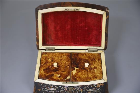 A Regency mother of pearl inlaid tortoiseshell tea caddy, width 8in. depth 5.5in. height 5.5in.